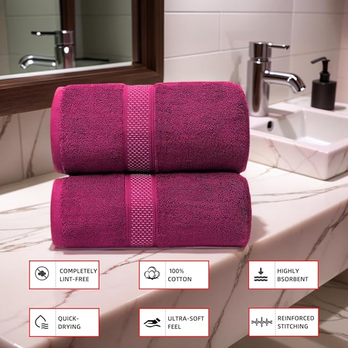 Super Absorbent Quick Drying | Hotel Grade Extra Large Bath Towels, 2-Piece Set, Bathroom Luxury Soft Towels-650GSM Cotton Luxury Beach Bath Towel 80x160cm (31.5x63 inches) (Dark red)