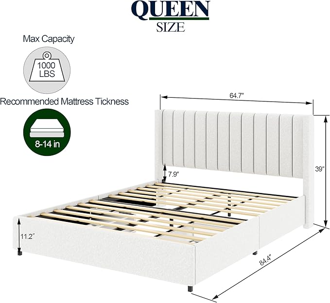 GDFStudio Upholstered Bed with Storage,Queen Size Platform Bed Frame with 2 Drawers Tufted Headboard, Wooden Slat Mattress Support No Box Spring Required Easy Assembly, Ivory Boucle