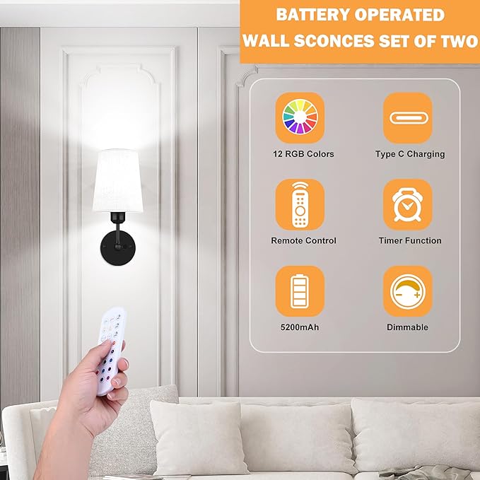 Battery Operated Wall Sconce Set of 2,Black Rechargeable Wall Lights with 5200mAh Dimmable RGB Bulbs and Remote Control,270°Rotation Wireless Wall Lamps for Indoor Bedroom Living Room Hallway