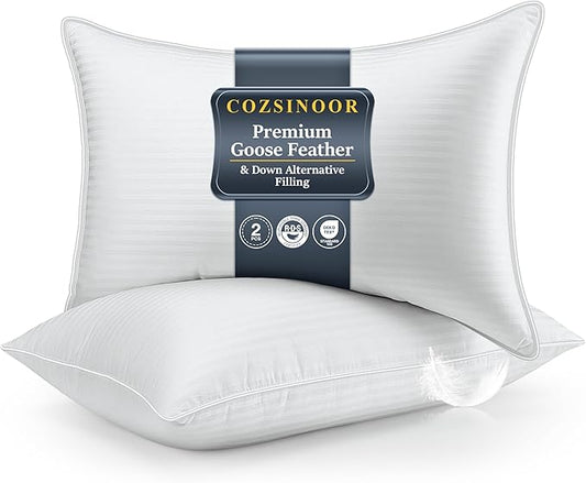 COZSINOOR Goose Feather Pillows King Size - Set of 2, Hotel Down Bed Pillow for Sleeping, Soft 600 TC Cotton Cover, Fluffy Support Surround Fill Down Alternative for Back, Stomach, Side Sleepers