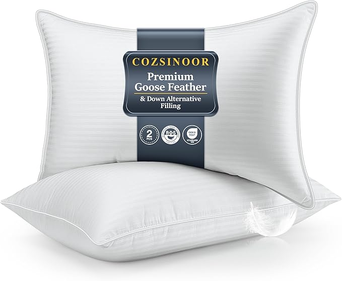 COZSINOOR Goose Feather Pillows King Size - Set of 2, Hotel Down Bed Pillow for Sleeping, Soft 600 TC Cotton Cover, Fluffy Support Surround Fill Down Alternative for Back, Stomach, Side Sleepers