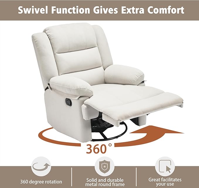 Swivel Rocking Recliner Chair for Adults, Overstuffed Manual Rocker Nursery Recliner Glider, Upholstered Fabric Reclining Single Sofa Chair for Living Room (Beige)