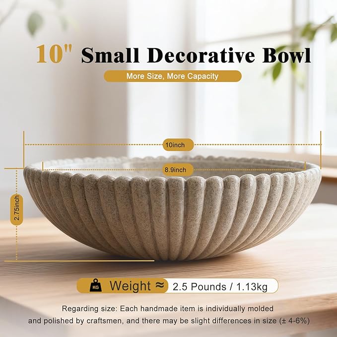 Large 10 Inch Resin Decorative Bowl Handmade Fruit Bowl for Kitchen, Entryway Bowl for Keys & Mail, Countertop Centerpiece for Dining Table Home Decor