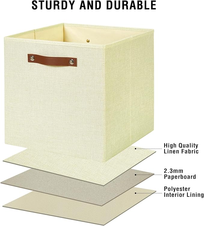Collapsible Fabric Storage Cube Bins with 2 Reinforced PU Handles, Foldable Storage Organizer Baskets for Closet, Shelves, Living Room | 13"x13"x13", 4 Pack, Full Beige
