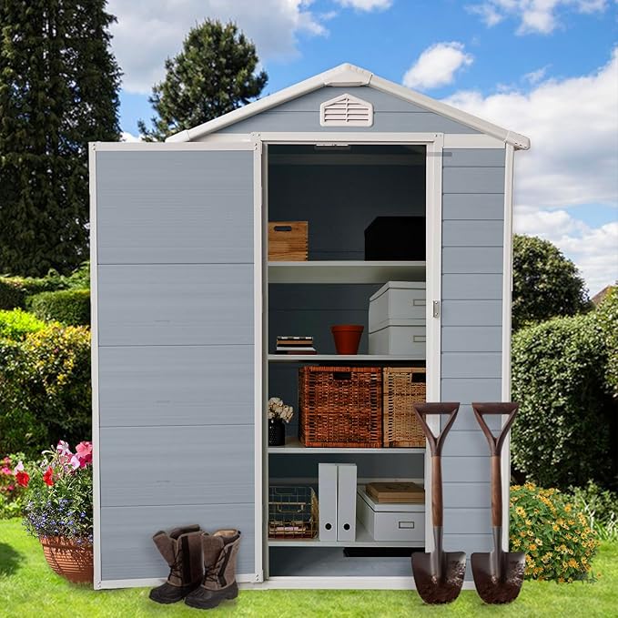 6x4 FT Outdoor Storage Resin Shed with Floor, Waterproof Plastic Garden Tool Shed with Windows, Vents & Lockable Door and Sloped Roof, Easy to Assemble Bike Shed for Patio, Backyard, Lawn, Grey