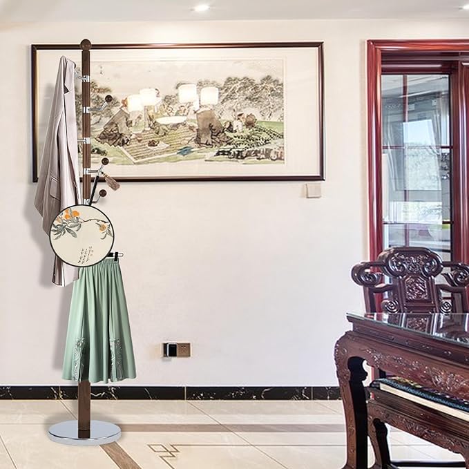 Coat Rack Freestanding, Wooden Tree Coat Rack Stand with 3 Adjustable Sizes Coat Tree and 14 Hooks, Sturdy Hall Tree with Solid Round Base for Entryway, Hallway,Bedroom (Walnut Metal)