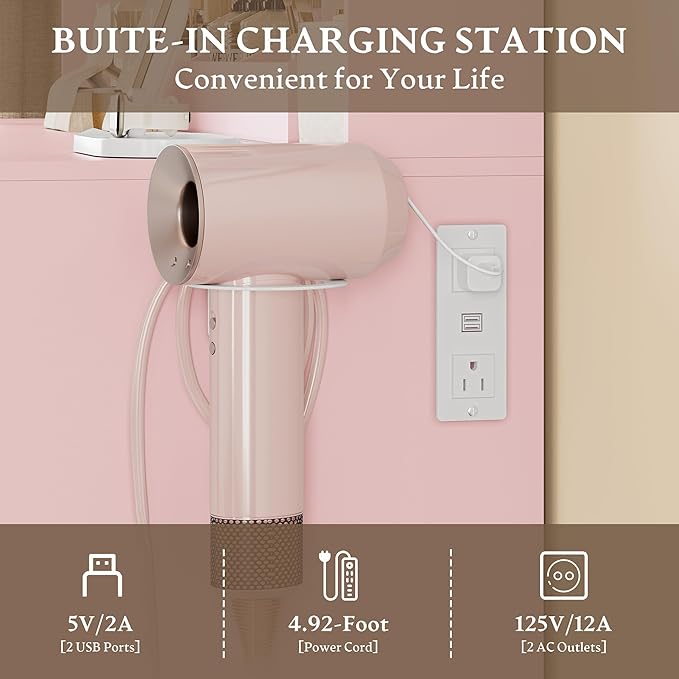 Vanity Desk with Mirror and Lights, Makeup Vanity Set with 3 Storage Drawers & Adjustable Shelves, Dressing Table with RGB Cabinets & Charging Station, 3 Lighting Modes for Women Kids Bedroom, Pink