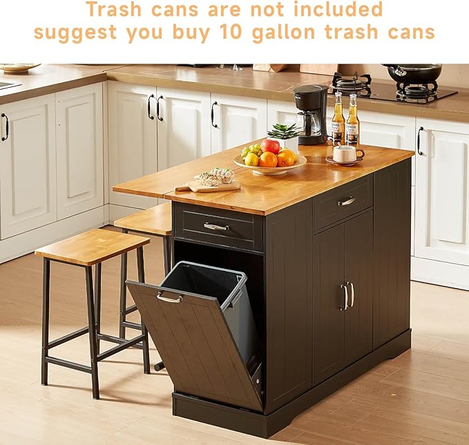 Stationary Kitchen Islands Include 2 Chairs, 47" Kitchen Island with Drop Leaf, Home Bar Table with Spice Rack & with Trash Cabinet, Island Table for Dining Room with Power Outlet, Black