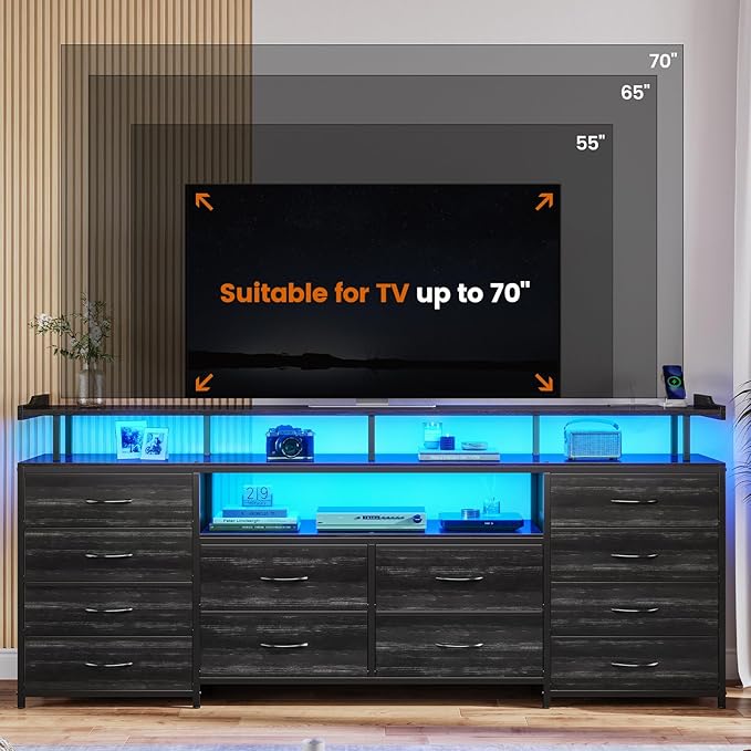 12 Drawers TV Stand Dresser for 65/70 inch TV, Entertainment Center with LED Lights & Power Outlets, 63" Large LED TV Stand, TV Console for Bedroom