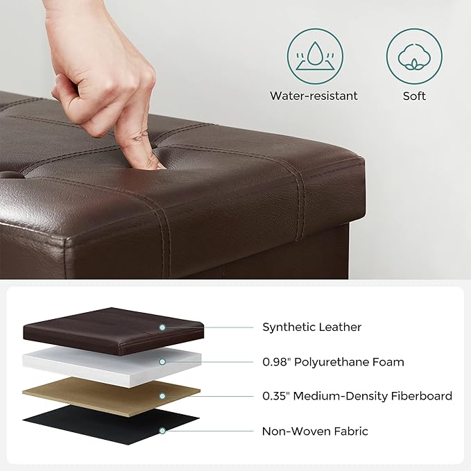 SONGMICS MAZIE Collection - 43 Inches Storage Ottoman Bench with Flipping Lid, Storage Chest with Iron Frame Support, Load 660 lb, for Living Room, Bedroom, Synthetic Leather, Brown ULSF75BR