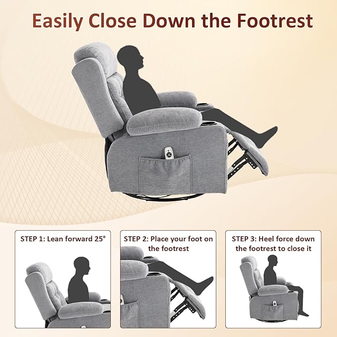 Overstuffed Rocker Recliner Chair with Massage and Heat, Mid Century Ergonomic Rocking Swivel Recliners Lounge Chair for Living Room, Manual Recliner Sofa Chairs with 2 Cup Holders, USB