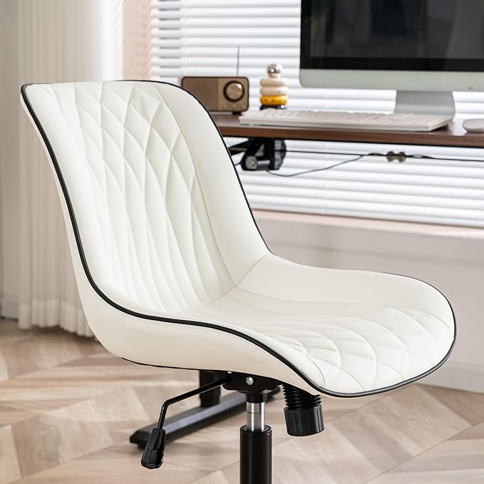 YOUNIKE White Ergonomic Home Office Desk Chair No Arms Comfy Small Criss Cross Chair with Wheels Swivel Adjustable Modern Vanity Chair with Back Armless Cute Leather Upholstered Rolling Task Chair