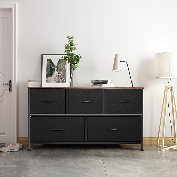 Dresser for Bedroom with 5 Drawers, Chest of Drawers, Storage Drawers Organizer Unit, Black Wide Fabric Dresser with Fabric Bins for Closet, Living Room, Bedroom (Black and Rustic Brown)