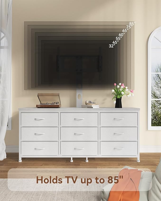 TV Stand with Mount for 32/55/65/75/85 inch TVs, Entertainment Center with 9 Fabric Drawers Dresser Storage, Height Adjustable Media Console