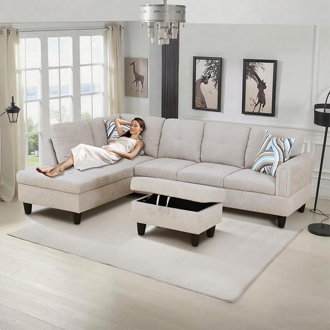 L-Shape 3-Piece Cloud Sofa, Couch for Living Room, Light-Grey Fluffy Fabric L-Shape with Reversible Chaise & Storage Ottoman, Ergonomic 110–115° Recline, Solid-Wood Frame