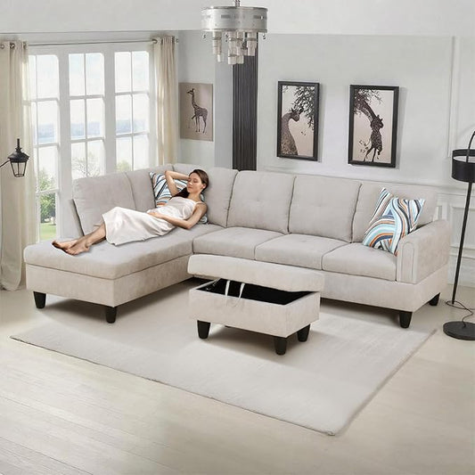 L-Shape 3-Piece Cloud Sofa, Couch for Living Room, Light-Grey Fluffy Fabric L-Shape with Reversible Chaise & Storage Ottoman, Ergonomic 110–115° Recline, Solid-Wood Frame