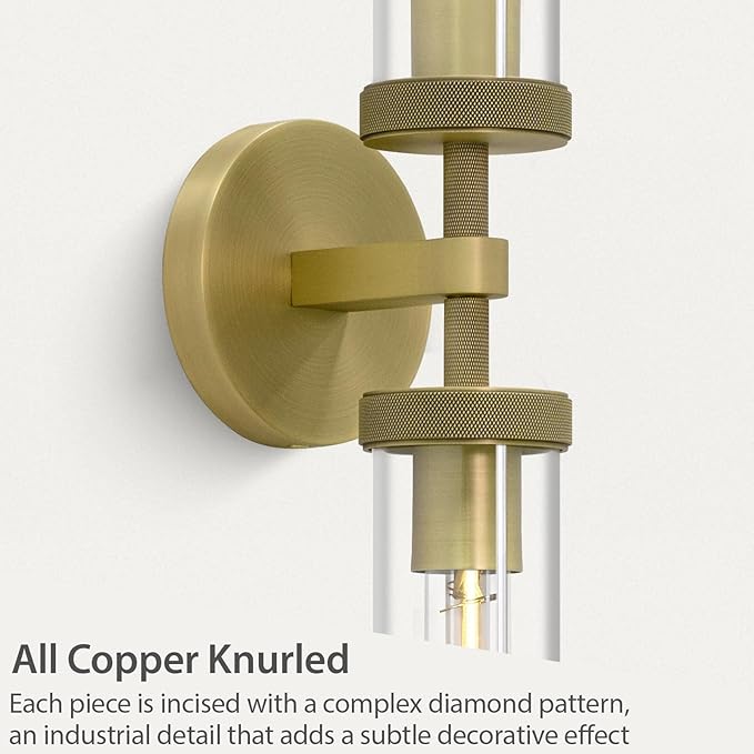 Brass Gold 2-Light Knurled Wall Sconces, 30in Double Glass Sconces Wall Lighting, Bathroom Vanity Light Sconces, Wall Lights for Living Room Bedroom Hallway Kitchen Bathroom Mirror