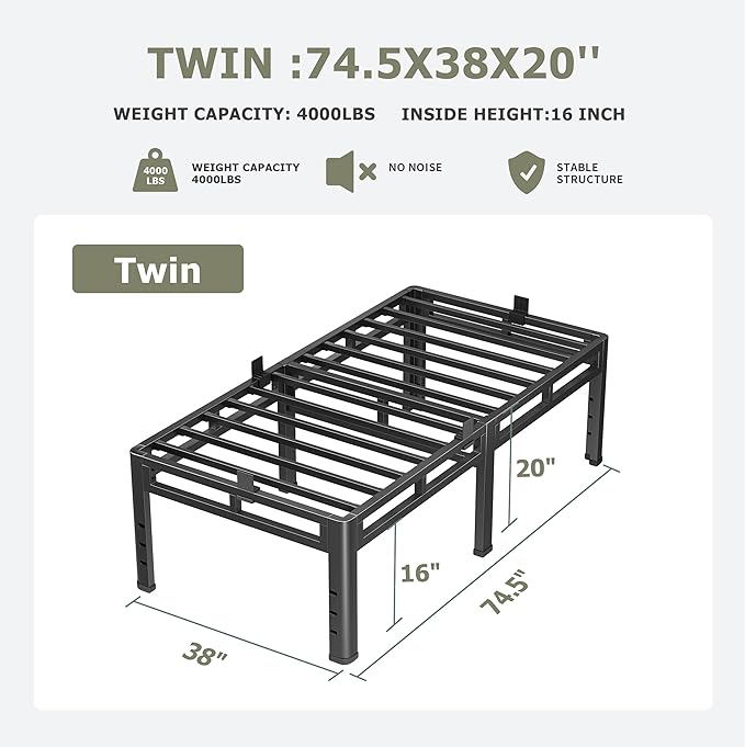 NKZ Twin Size Bed Frame 20 Inch, Metal Bed Frame & Box Spring 2 in 1 Platform with Round Corner Legs, 4000lbs Weight Capacity Reinforced Metal Frame, Headboard Hole, Noise-Free, Easy Assembly