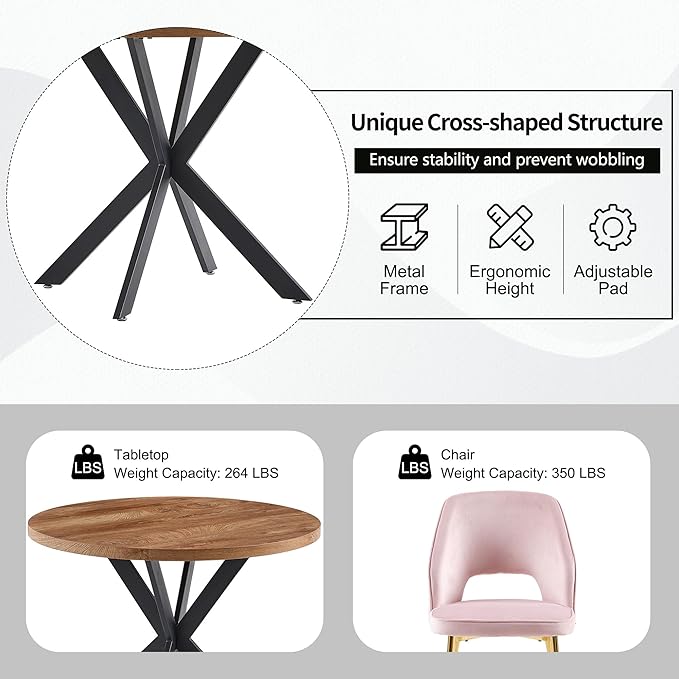 NORDICANA 5-Piece Dining Table Set for 4 - Space Saving 37-Inch Round Table and Chairs, 4 Seaters Dining Set with Upholstered Dining Chairs (Light Pink)