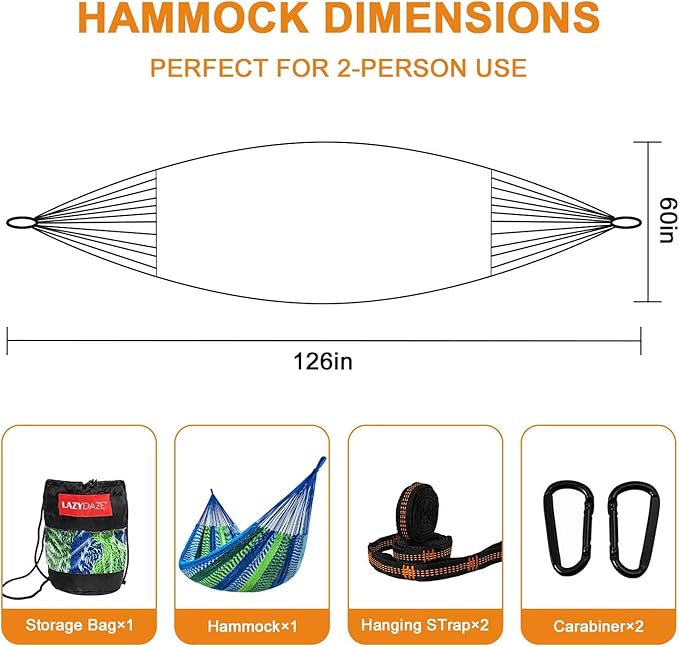 Lazy Daze Hammocks Handwoven Mayan Hammock, 10.5 FT Soft Rope Double Hammocks, Portable Outdoor Hammock with Carry Bag, 2 Straps & carabiners for Patio Outside, 550 lbs Weight Capacity, Blue/Green