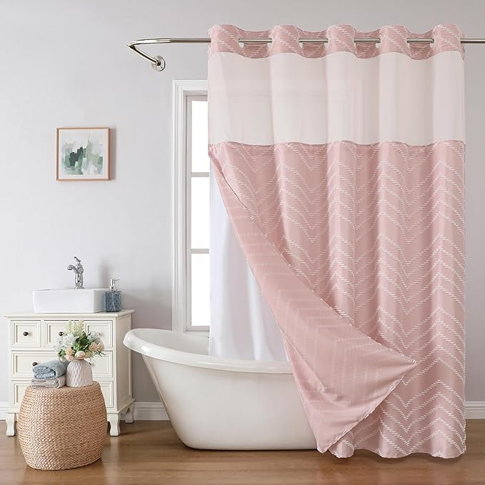 Blush Pink No Hook Shower Curtain with Snap-in Liner Set,Boho Modern Farmhouse White Tufted Chevron Striped Design,Woven Fabric Bathroom Curtain,71x74