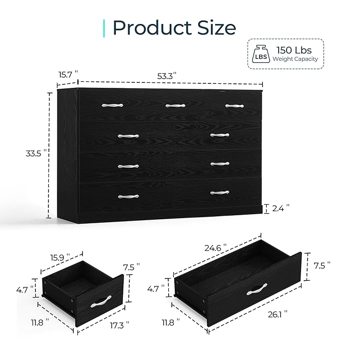 LINSY HOME 9 Drawer Dresser for Bedroom, 54" Wide Chest of Drawers, Modern TV Stand Dressers with Wood Frame and Metal Handles, Large Drawer Organizer for Bedroom, Living Room, Black