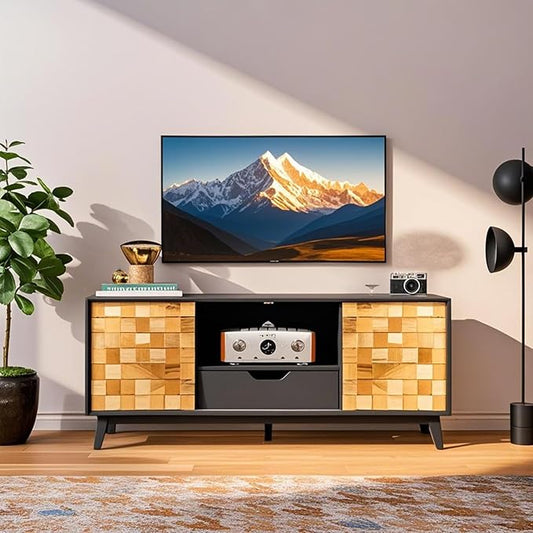 Mid Modern TV Stand with Storage | 55" Wide Walnut Wood Console Cabinet | Entertainment Center w/Adjustable Shelves | Solid Wood Legs | Easy Assembly