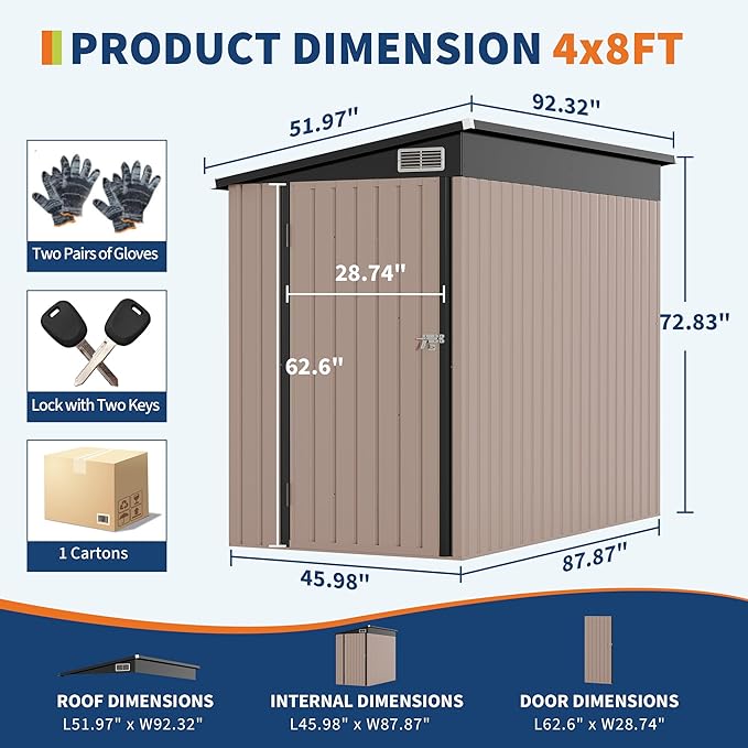 4' x 8' Outdoor Lean to Storage Sheds Outdoor, Heavy-Duty Lean to Garden StorageShed, Metal Wall Side Bike Shed & Outdoor Storage