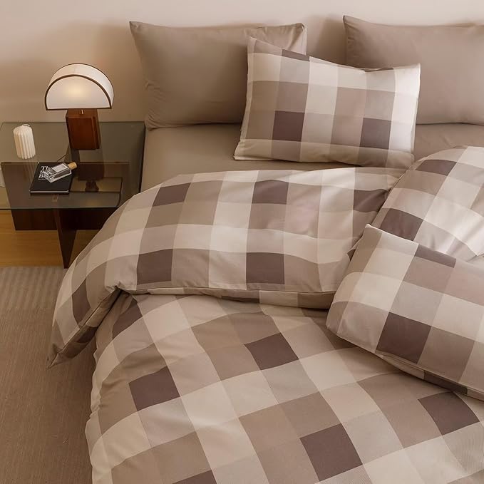 Cottonight Checkered Khaki Comforter Set Cal King Gingham Grid Bedding Set Khaki and Cream Coffee Grid Comforter Fluffy Soft Blanket Quilts Modern Cottagecore Comforter California King Bed