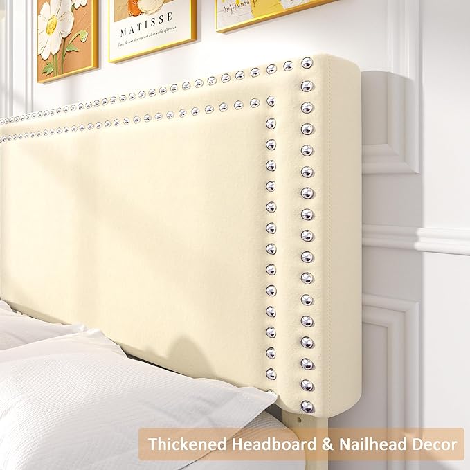 VECELO Twin Platform Bed Frame with Storage Drawer, Adjustable Velvet Rivet Decor Headboard, Wooden Slats Support, No Box Spring Needed, Easy Assembly