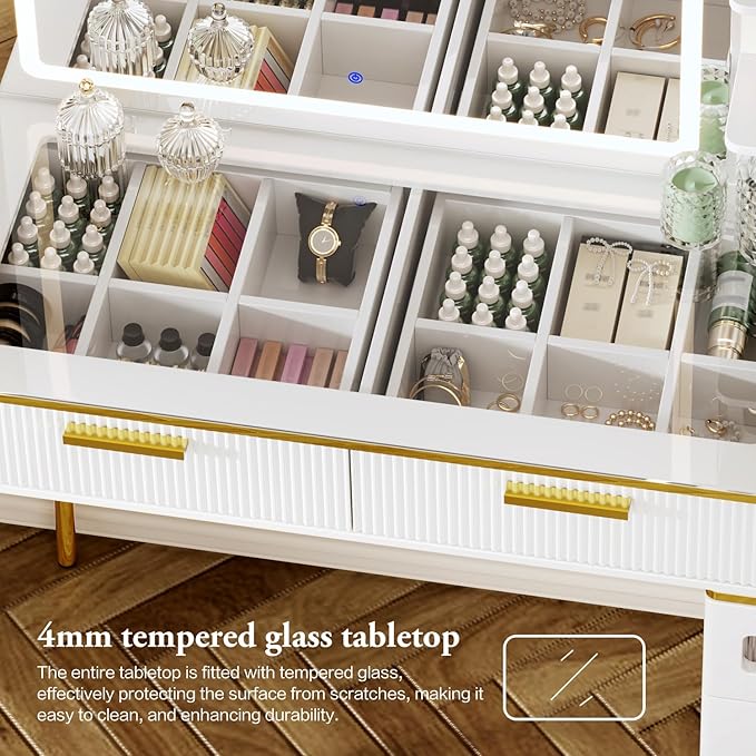 47.24" Big Modern Vanity Desk with Mirror and Lights,Makeup Vanity Desk with 5 Drawers and Storage Shelves & Power Outlet,Dressing Table with Glass Top, White