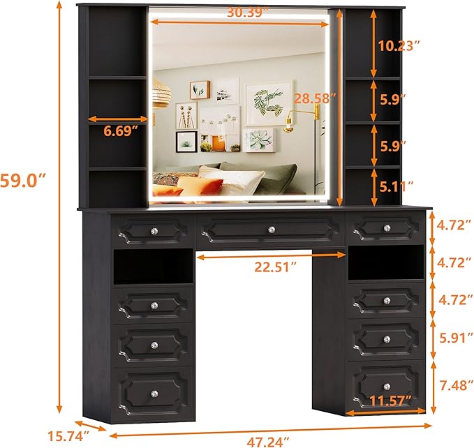 Vanity Desk with Lighted Mirror, 47” Heavy-Duty Large Makeup Vanity, 9 Drawer Dressing Table with Mirror, Elegant Make Up Desk for Bedroom (Black)