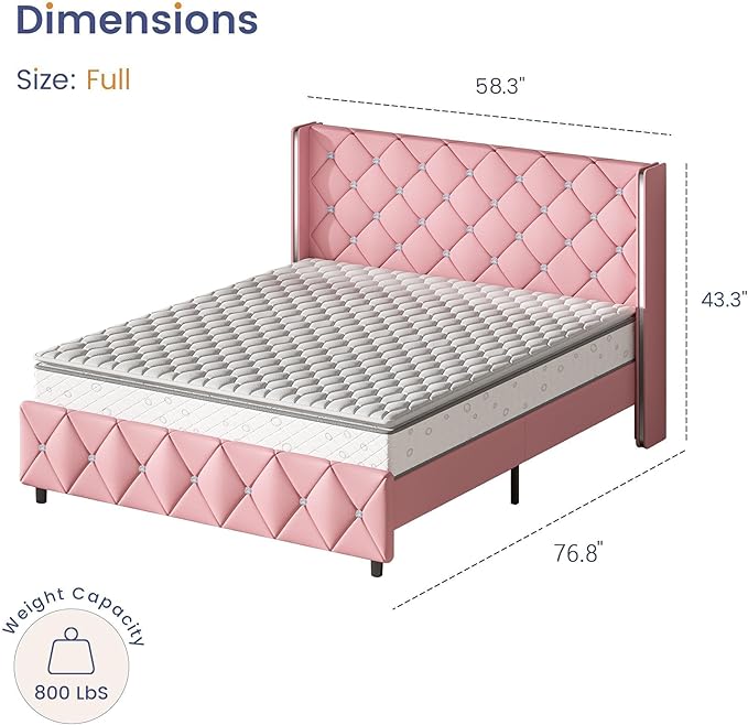 Full Size Bed Frame with Headboard, Upholstered Faux Leather Bed with Diamond Headboard, Pink Bed Frame Full with Footboard, No Box Spring Needed, Easy Assembly, Pink