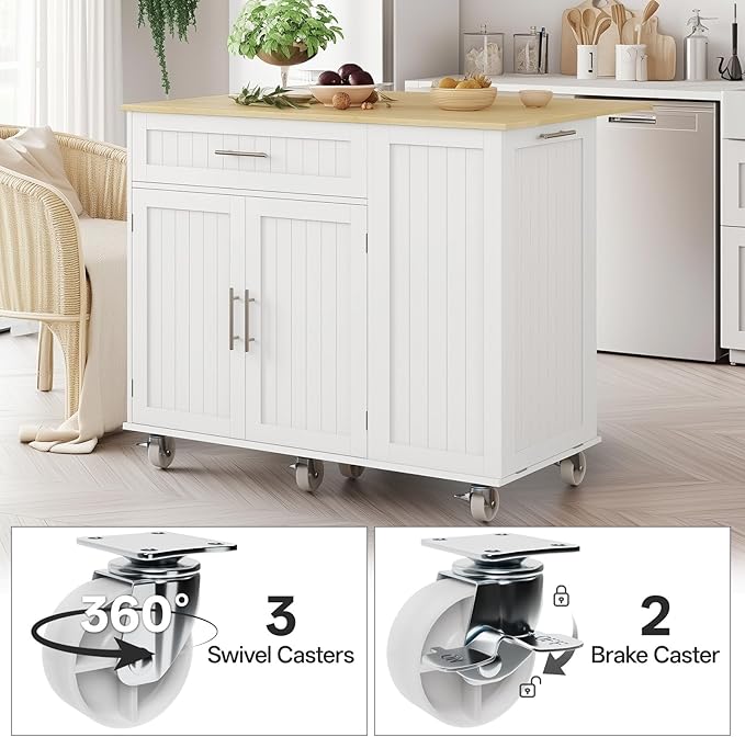 Kitchen Island with Storage & Drop Leaf - 43.3" Mobile Kitchen Cart with Wheels, Rolling Kitchen Island with Trash Bin Cabinet & Towel Rack, Rubberwood Top, White Island for Kitchen