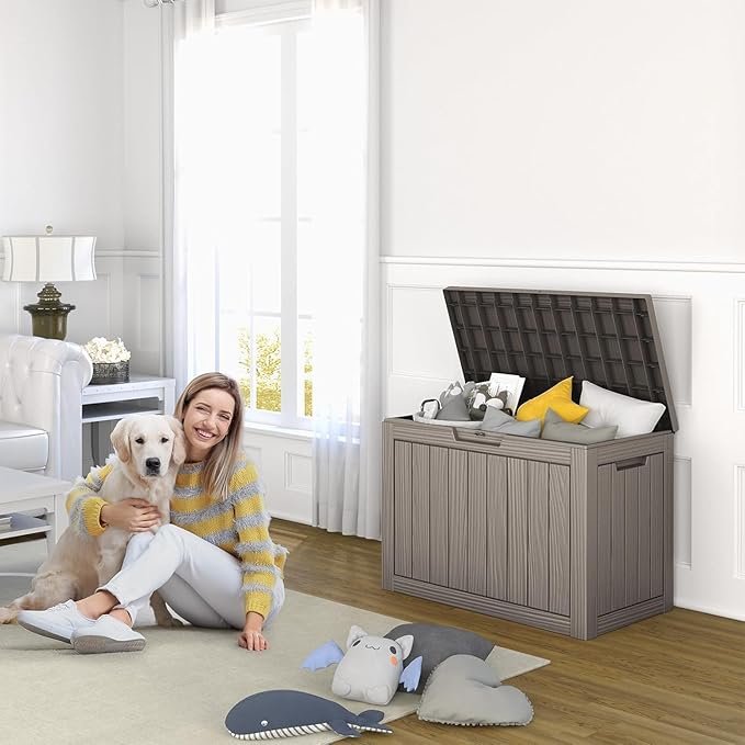 45 Gallon Deck Box,Resin Outdoor Storage Box with Lockable for Patio Furniture, Pool Accessories, Garden Tools Waterproof Outside Storage Box, Black