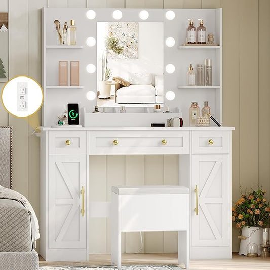 Vanity Makeup Desk with Mirror and Lights, Farmhouse Vanity Table Set with Storage Drawers, Charging Station & Chair, 43" Large Rustic Dressing Table, 3 Lighting Modes for Women Girls Bedroom, White