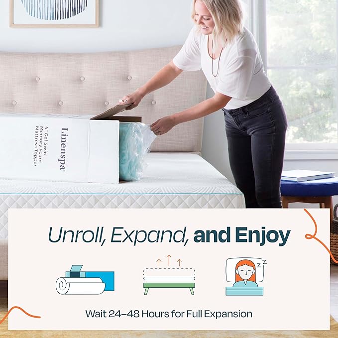 Linenspa 4 Inch Gel Swirl Memory Foam Mattress Topper – Cooling Gel Infused – Pressure Relieving Bed Topper - Mattress Pad – CertiPUR Certified - Full Size