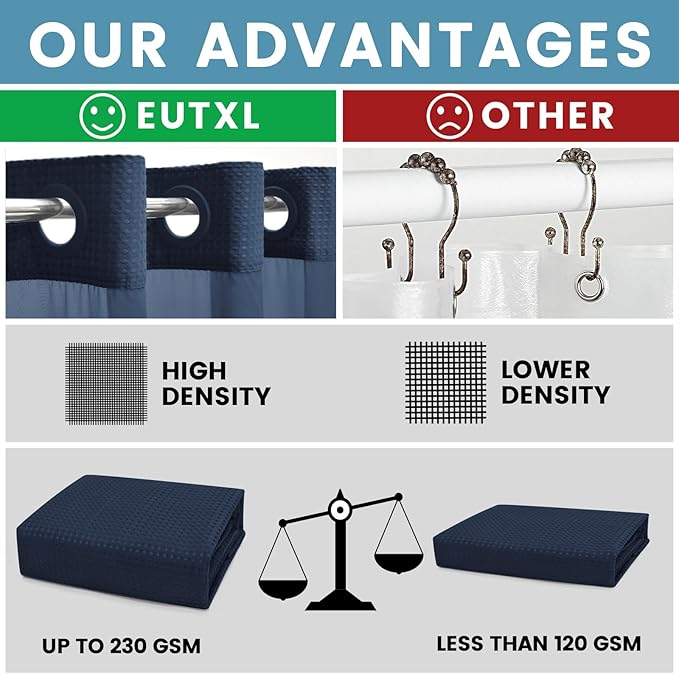 Navy Blue Stall No Hook Shower Curtain with Snap in Liner,230GSM Waffle Weave Shower Curtains for Bathroom,54W x 80H