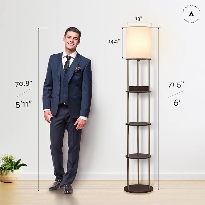 ATAMIN Tall Floor Lamp with Shelves and Charging Station – USB-C, USB, and Wireless Charging Shelf Lamp for Living Room or Bedroom 72-inch Modern Standing Lamp with Compact Storage