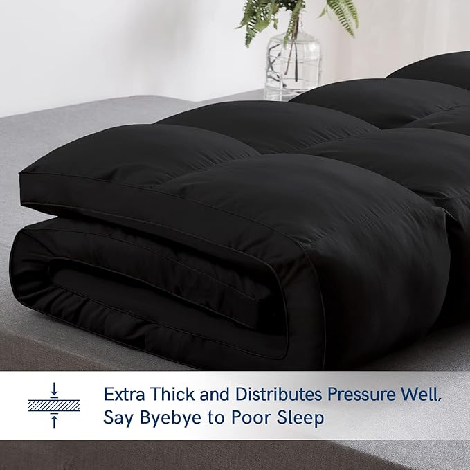 ELEMUSE Twin Black Mattress Topper for Back Pain, Extra Thick Mattress Pad Cover, Plush Soft Pillowtop with Elastic Deep Pocket, Overfilled Down Alternative Filling