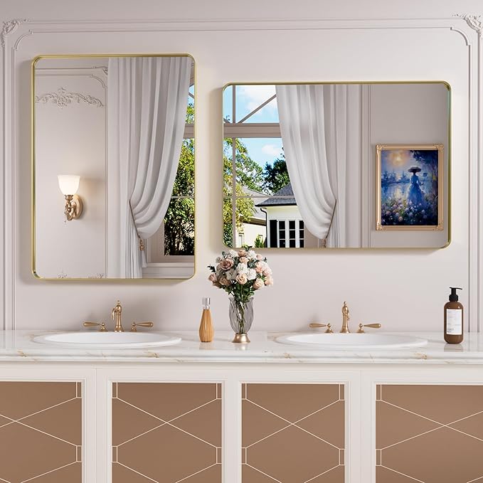 Gold Bathroom Mirror, 22x30 Inch Brushed Gold Metal Frame Mirror for Wall, Rounded Rectangle Bathroom Vanity Mirror, Tempered Glass, Anti-Rust, Horizontal/Vertical