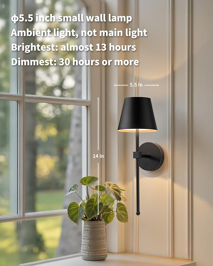 KDG Cordless Wall Sconces Set of 2, Wireless 5200mAh Rechargeable Battery LED Wall Lamps, Wall Lightings for Wall Painting, Outdoor, Garden, Living Room, Bedside, Hallway, Gifts, Night Light (Black)