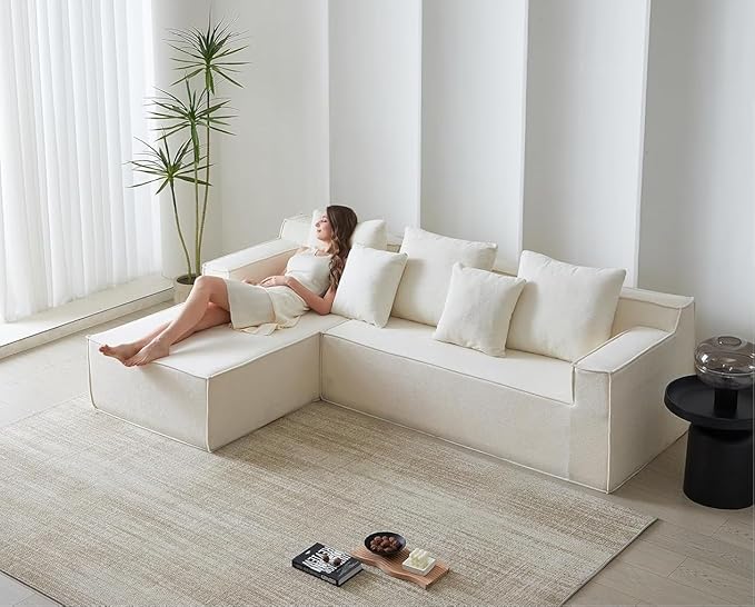 L-Shape Chaise,7-Seater Sofa,Upholstered Couches for Living Room Bedroom,No Assembly,White