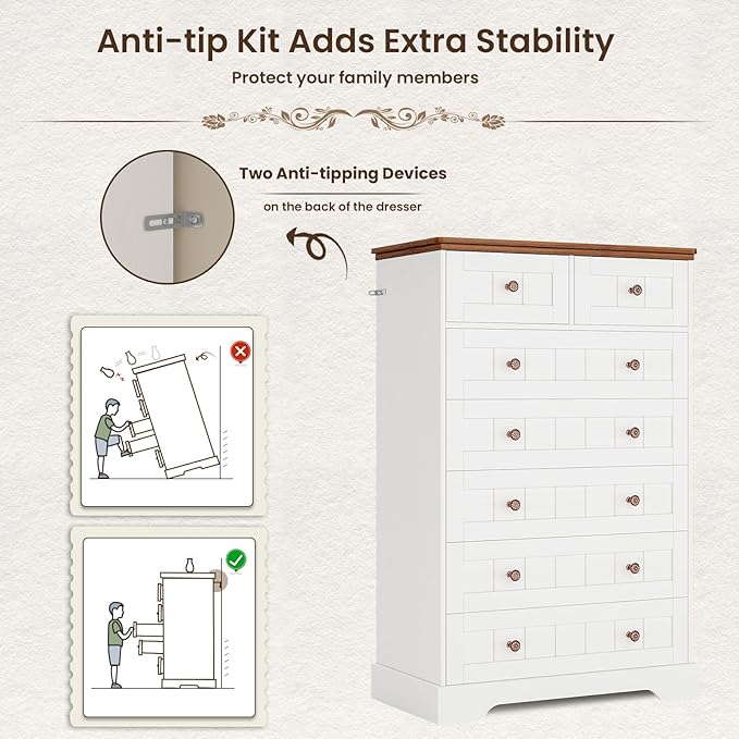 Hasuit White Dresser for Bedroom, Farmhouse 7 Drawers Dresser, 51.4"Tall Dressers Chest of Drawers with Hand Carved Panel, Large Wood Closet Storage Organizers Dressers for Bedroom Living Room Hallway