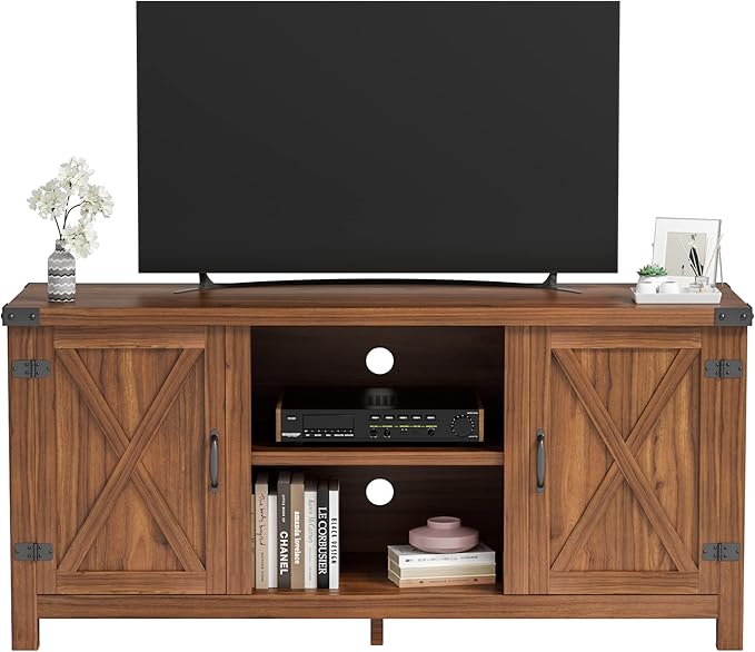 JUMMICO TV Stand, 65 Inch TV Farmhouse Entertainment Center with Double Barn Doors and Storage Cabinets, Console TV Table Media for Living Room, Bedroom (Walnut)