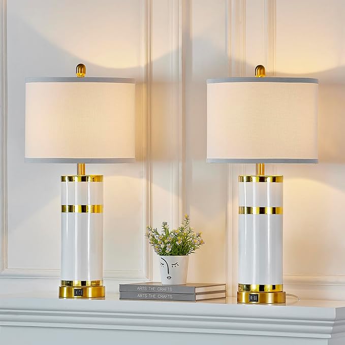 Ceramic Gold-Plated Decorative 28" Table Lamps Set of 2 with E26 Socket&Rotary Switch,USB A+C Ports,Modern Bedside Lamps for Nightstand,Bedroom,Living Room,Decoration,Office(Bulbs Included)