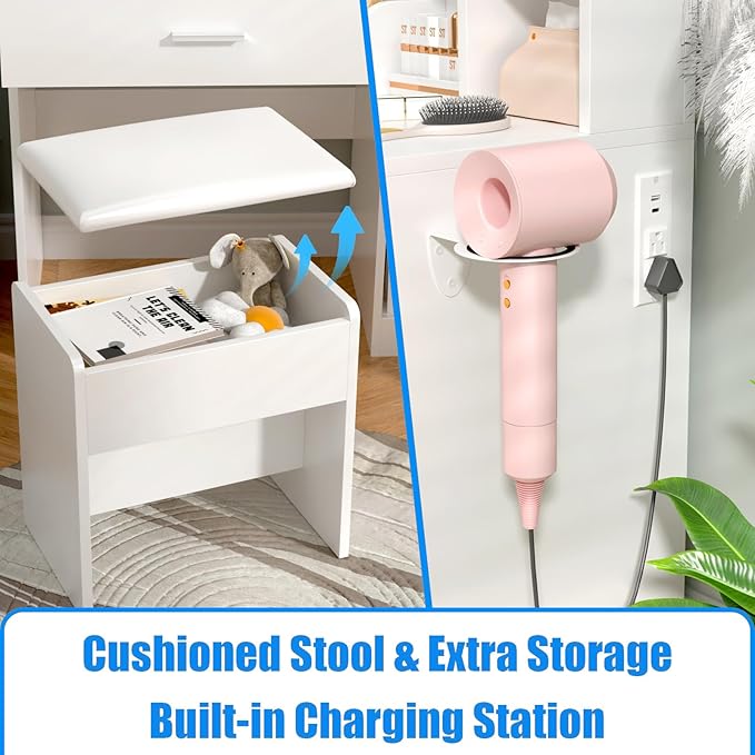 White Vanity Desk with Mirror and Lights, Makeup Vanity Desk with Lights 3 Colors, Dressing Table with 10 Bulbs, Power Outlet 2 Drawers Vanity Stool Makeup Table Set for Bedroom, Dressing Room