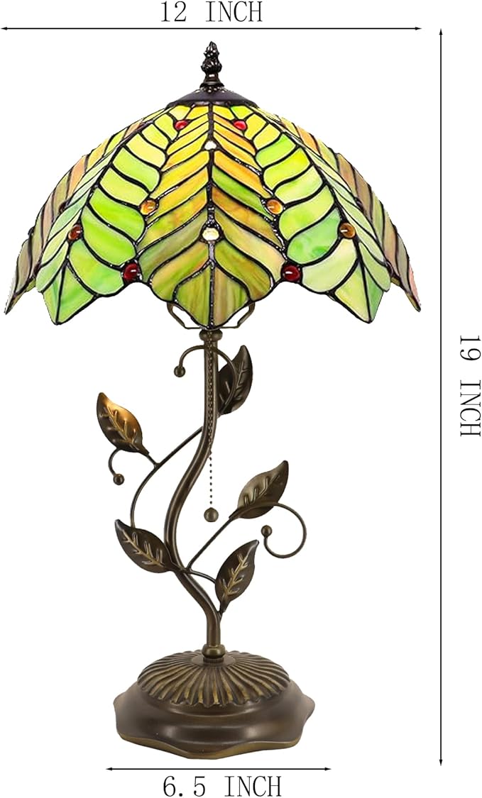 Tiffany Table Lamp, Stained Glass Desk Light, W12H19 Inch, Metal Leaf Base (Brown Green Leaf)
