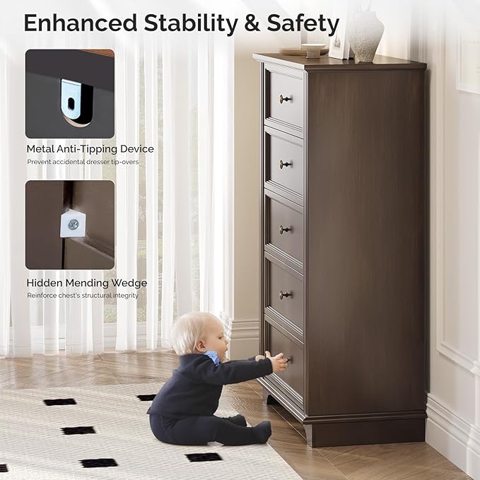 VINGLI 47" Tall Dresser 5 Drawer Chest of Drawers, Wood Dresser for Bedroom, Brown Chest Dressers Wooden