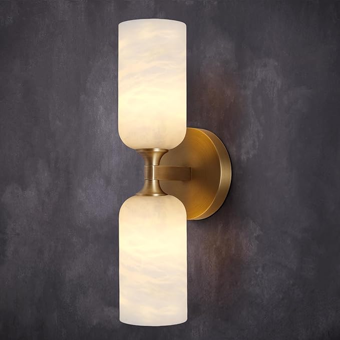 Alabaster Wall Sconce 14in Modern Spanish Natural Marble Bathroom Vanity Sconces, Antique Brass Sconces Wall Lighting, Gold Wall Light Fixtures Decor, for Bedroom Living Room Staircases Hallway